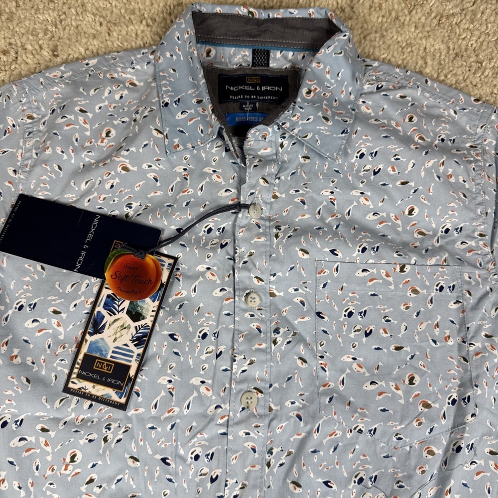 NWT Nickel & Iron Shirt Mens Small Casual Pocket Button‎ Up FISH AOP S/S